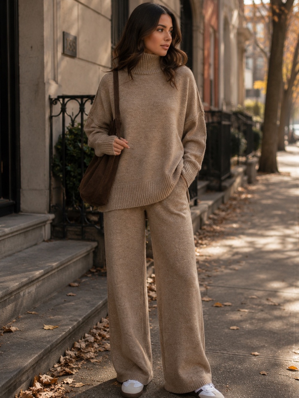 COMMENSE Plain Turtleneck Knit Pants Set – Camel
